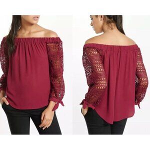 Express Wine Off The Shoulder‎ Lace Tie Sleeves Blouse Top Shirt Tunic Size M L